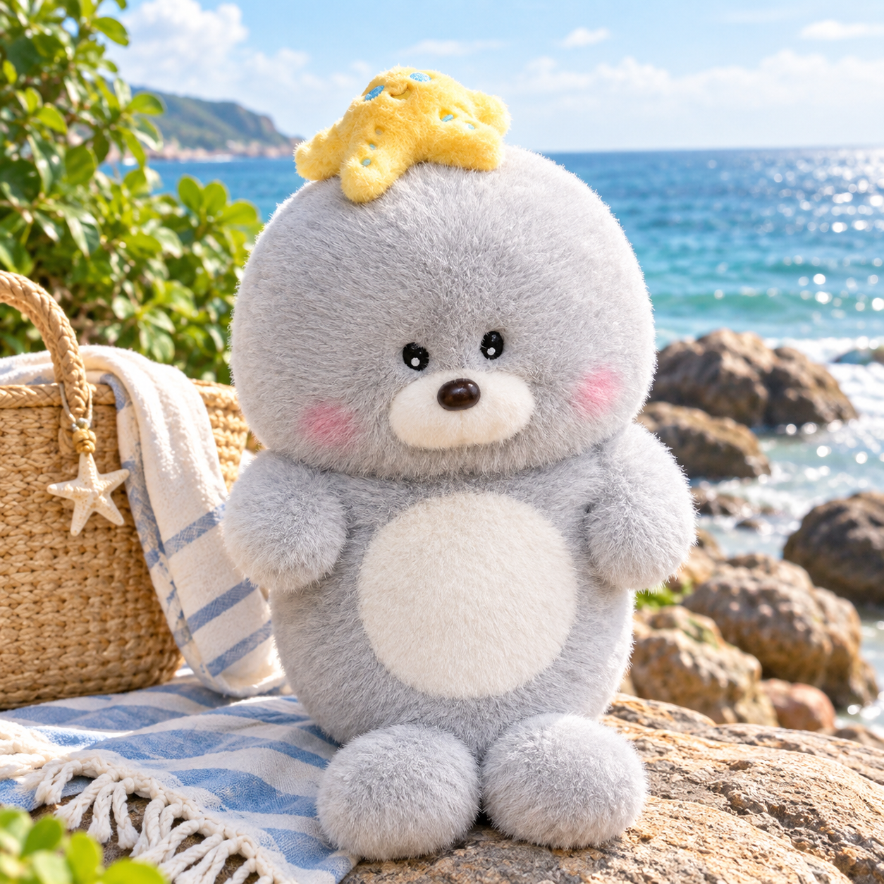 Sweet Mu Cheng Sea Lion Plush Toy 25cm – Soft Round Stuffed Animal with Starfish