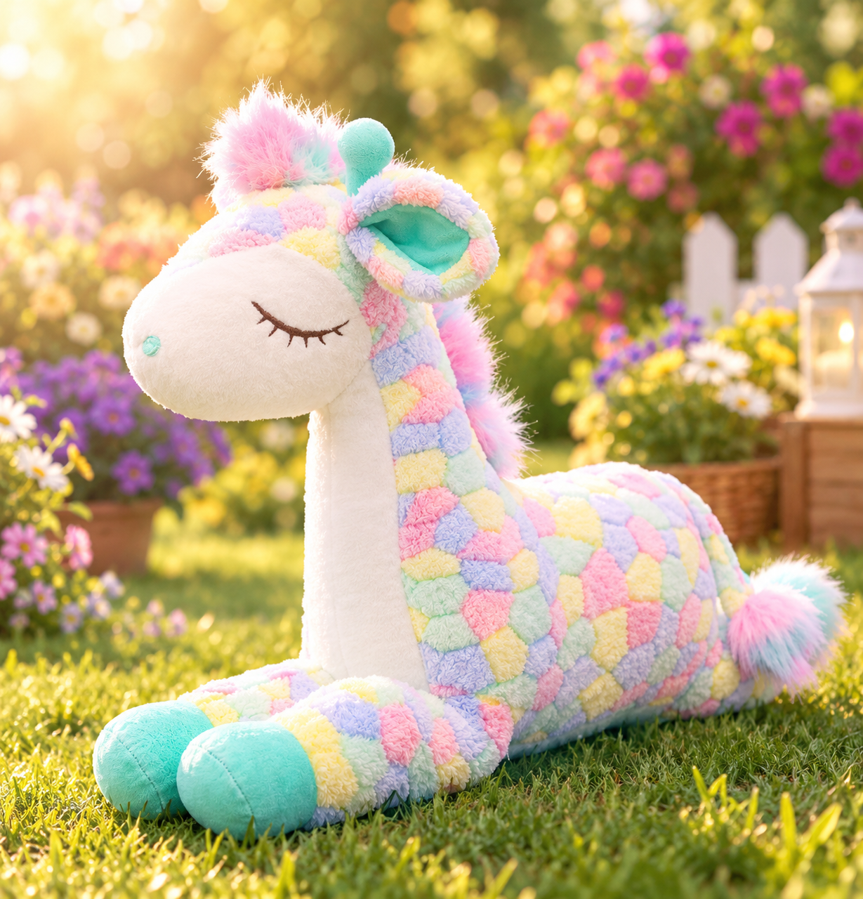 Rainbow Giraffe Long Body Plush Toy 30cm – Multi-color Resting Design